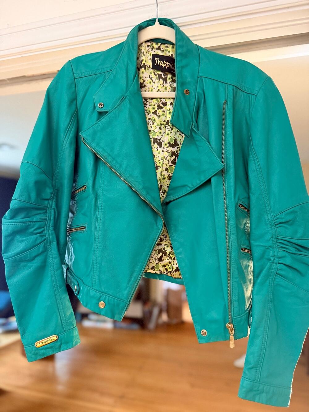 Traphiche Emerald Green Leather Moto Jacket Floral Lined